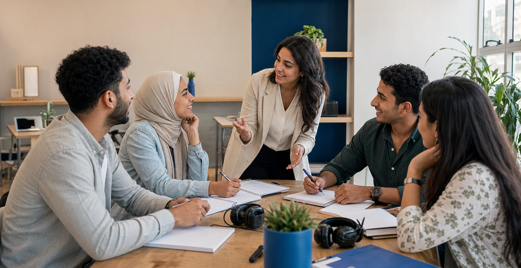 Egyptian learners practicing conversation with a language trainer